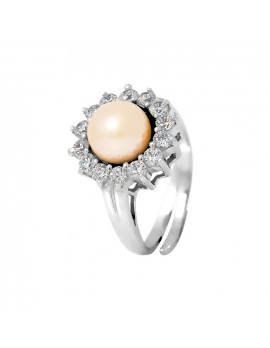 PERLINEA- Bague- Perles de Culture d'Eau douce- Bouton Diamètre 9-10 mm Rose- Taille R‚glable- Bijou Femme- Argent 925 Millièm