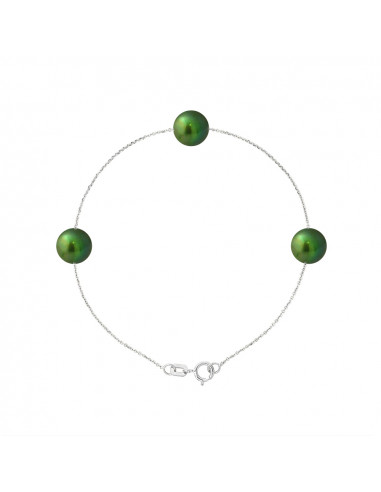 PERLINEA- Bracelet 3 Perles de Culture d'Eau Douce- DiamÃÂ¨tre 7-8 mm Vert Intense- Bijou Femme- Argent 925 MilliÃÂ¨mes 