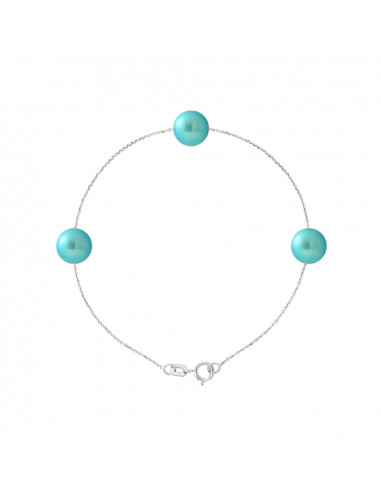 PERLINEA- Bracelet 3 Perles de Culture d'Eau Douce- DiamÃÂ¨tre 7-8 mm Bleu Turquoise- Bijou Femme- Argent 925 MilliÃÂ¨mes 