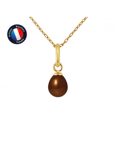 PERLINEA- Pendentif- Perle de Culture d'Eau Douce- Bouton DiamÃÂÃÂÃÂÃÂ¨tre 5-6 mm Chocolat- Bijou Femme- OrJaune