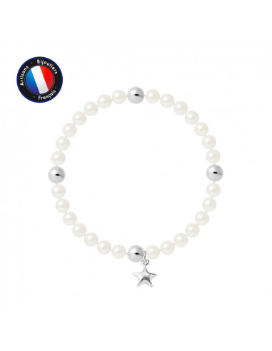PERLINEA- Bracelet Porte Bonheur- Perle d'Eau Douce- Ronde 5-6 mm Blanc- Bijou Femme 