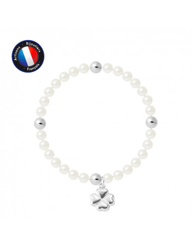 PERLINEA- Bracelet Porte Bonheur- Perle d'Eau Douce- Ronde 5-6 mm Blanc- Bijou Femme 