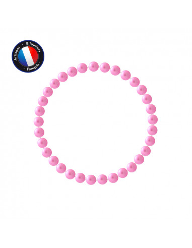 PERLINEA- Bracelet Porte Bonheur- Perle d'Eau Douce- Ronde 5-6 mm Rose Fushia- Bijou Femme 