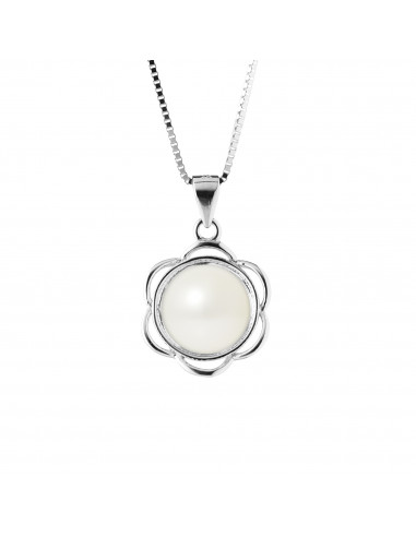 PERLINEA- Collier Fleur- Perle de Culture d'Eau Douce  Bouton 8-9 mm Blanc- Bijou Femme- Argent 925 MilliÃÂÃÂÃÂÃÂ¨mes 
