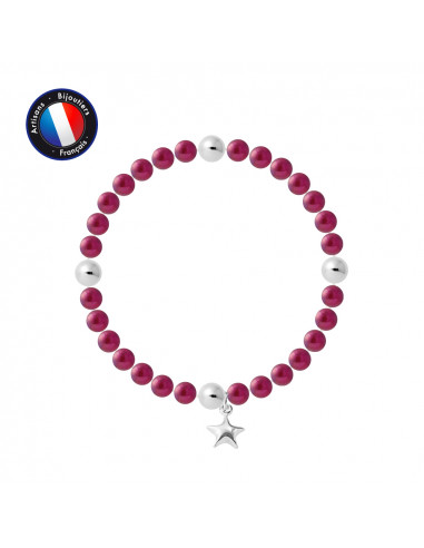 PERLINEA- Bracelet Porte Bonheur- Perle d'Eau Douce- Ronde 5-6 mm Rouge Cerise- Bijou Femme 