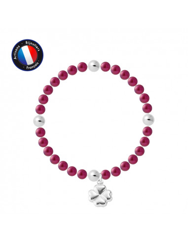 PERLINEA- Bracelet Porte Bonheur- Perle d'Eau Douce- Ronde 5-6 mm Rouge Cerise- Bijou Femme 