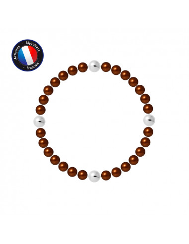 PERLINEA- Bracelet Porte Bonheur- Perle d'Eau Douce- Ronde 5-6 mm Chocolat- Bijou Femme 
