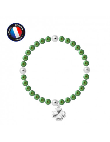 PERLINEA- Bracelet Porte Bonheur- Perle d'Eau Douce- Ronde 5-6 mm Vert Intense- Bijou Femme 