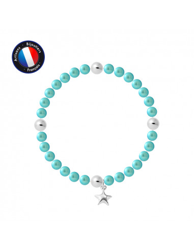 PERLINEA- Bracelet Porte Bonheur- Perle d'Eau Douce- Ronde 5-6 mm Bleu Turquoise- Bijou Femme 
