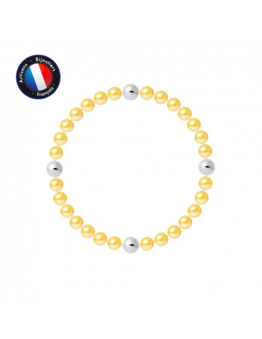 PERLINEA- Bracelet Porte Bonheur- Perle d'Eau Douce- Ronde 5-6 mm Gold- Bijou Femme 
