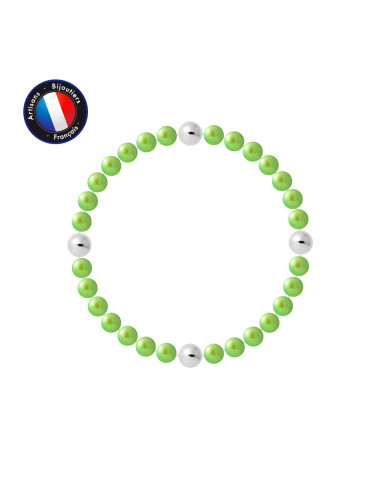 PERLINEA- Bracelet Porte Bonheur- Perle d'Eau Douce- Ronde 5-6 mm Vert Tonic- Bijou Femme 