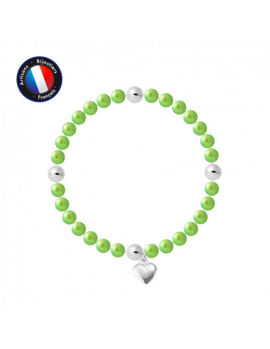 PERLINEA- Bracelet Porte Bonheur- Perle d'Eau Douce- Ronde 5-6 mm Vert Tonic- Bijou Femme 