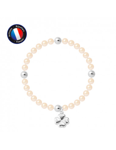 PERLINEA- Bracelet Porte Bonheur- Perle d'Eau Douce- Ronde 5-6 mm Rose- Bijou Femme 