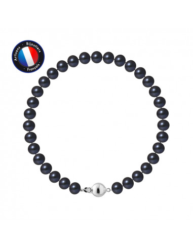 PERLINEA- Bracelet- Perles de Culture d'Eau Douce- Semi Ronde 6-7 mm Black Tahiti- Bijou Femme- Argent 925 MilliÃÂÃÂ¨mes