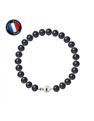 PERLINEA- Bracelet- Perles de Culture d'Eau Douce- Semi Ronde 7-8 mm Black Tahiti- Bijou Femme- Argent 925 MilliÃÂÃÂ¨mes
