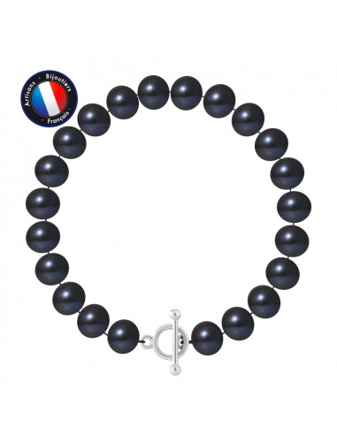 PERLINEA- Bracelet- Perles de Culture d'Eau Douce- Semi Ronde 9-10 mm Black Tahiti- Bijou Femme- Argent 925 MilliÃÂÃÂ¨mes