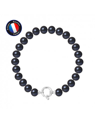 PERLINEA- Bracelet- Perles de Culture d'Eau Douce- Semi Ronde 8-9 mm Black Tahiti- Bijou Femme- Argent 925 MilliÃÂÃÂ¨mes