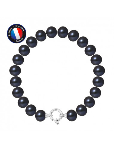 PERLINEA- Bracelet- Perles de Culture d'Eau Douce- Semi Ronde 9-10 mm Black Tahiti- Bijou Femme- Argent 925 MilliÃÂÃÂ¨mes