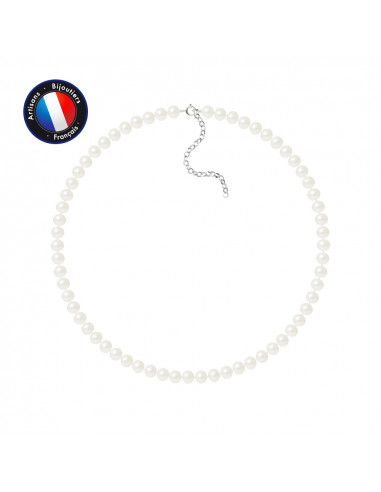 PERLINEA- Collier- Perle d'Eau Douce- Semi Ronde 6-7 mm Blanc- Bijou Femme 
