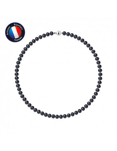PERLINEA- Collier- Perle d'Eau Douce- Semi Ronde 6-7 mm Black Tahiti- Bijou Femme 