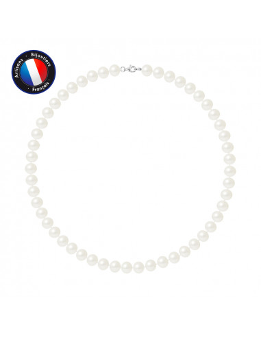PERLINEA- Collier- Perle d'Eau Douce- Semi Ronde 8-9 mm Blanc- Bijou Femme 
