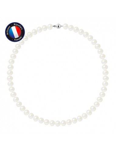 PERLINEA- Collier- Perle d'Eau Douce- Semi Ronde 9-10 mm Blanc- Bijou Femme 