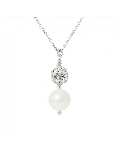 Collier Argent 925 MilliÃ¨mes ornÃ© d'une Boule Pendentif entiÃ¨rement sertie de VÃ©ritable Cristal Blanc et avec une Perle  