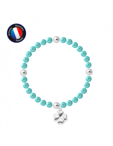 PERLINEA- Bracelet Porte Bonheur- Perle d'Eau Douce- Ronde 5-6 mm Bleu Turquoise- Bijou Femme 
